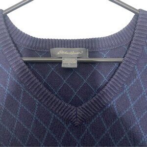 Eddie Bauer Men's Sweater Vest Size Large Navy Blue Argyle 100% Cotton